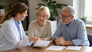 Clinician discussing a personalized care plan with an older couple using blank paper notes