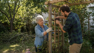 Older woman and adult grandson repairing a garden trellis together on a bright morning