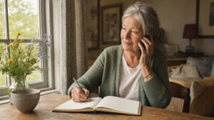 Older woman journaling beside a window during a calm phone conversation