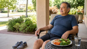 Older man resting on a shaded patio after a gentle walk with water and a balanced meal nearby