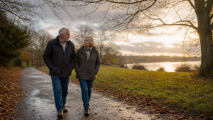 Older couple walking on a park path after rain as sunlight returns