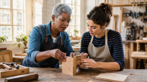 Older woman mentoring a young adult at a community woodworking table
