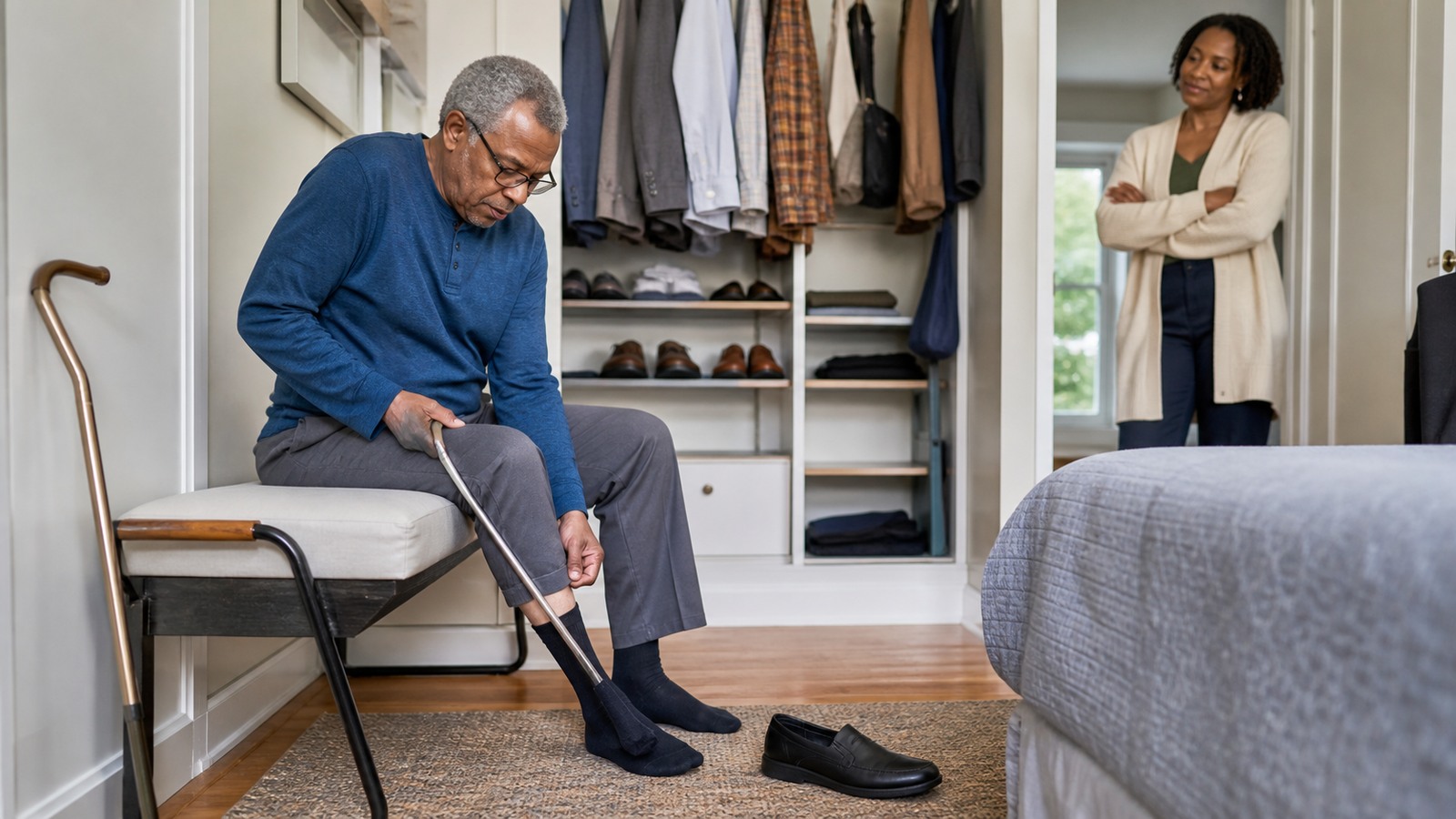 Older man using a long-handled shoehorn while seated beside an organized closet